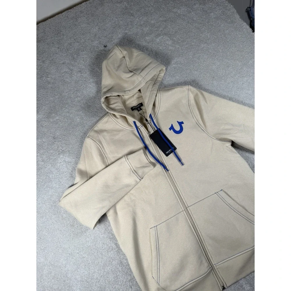 True Religion Men's L Fog Beige Contrast Full Zip Hoodie Buddha Logo New
